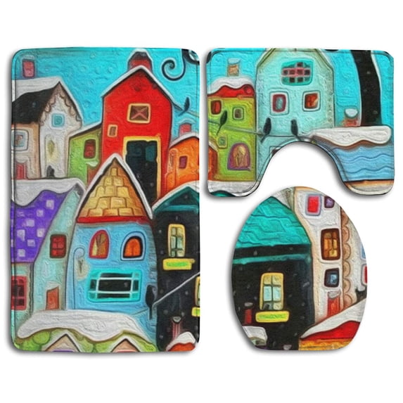 PUDMAD Colorful Painting Room 3 Piece Bathroom Rugs Set Bath Rug Contour Mat and Toilet Lid Cover
