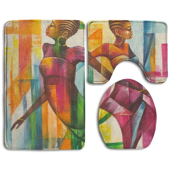 PUDMAD Colorful Painting Women 3 Piece Bathroom Rugs Set Bath Rug Contour Mat and Toilet Lid Cover