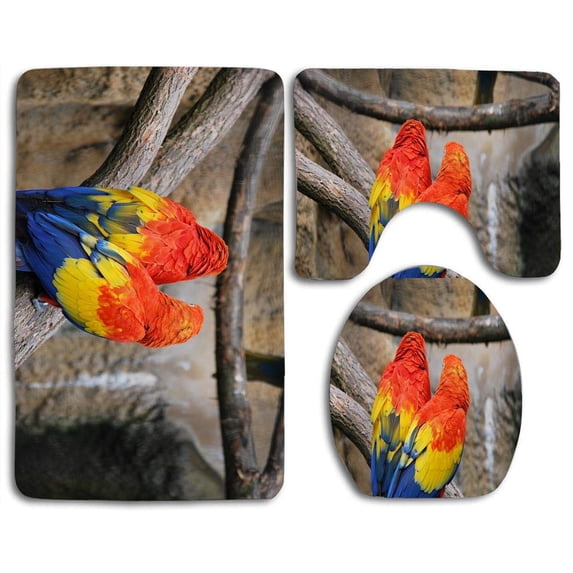 PUDMAD Colorful Parrots 3 Piece Bathroom Rugs Set Bath Rug Contour Mat and Toilet Lid Cover