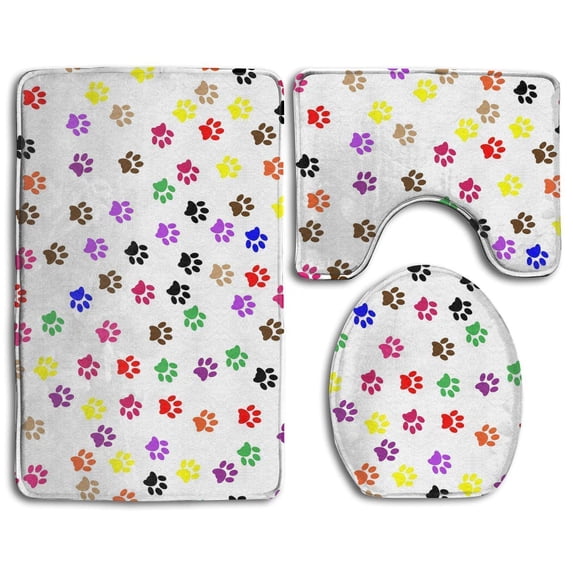 PUDMAD Colorful Paw 3 Piece Bathroom Rugs Set Bath Rug Contour Mat and Toilet Lid Cover