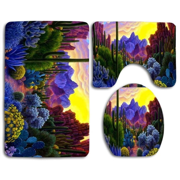 PUDMAD Colorful Plants Path 3 Piece Bathroom Rugs Set Bath Rug Contour Mat and Toilet Lid Cover