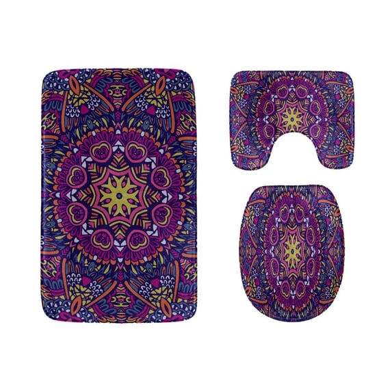 PUDMAD Colorful Repeating Background Texture 3 Piece Bathroom Rugs Set Bath Rug Contour Mat and Toilet Lid Cover
