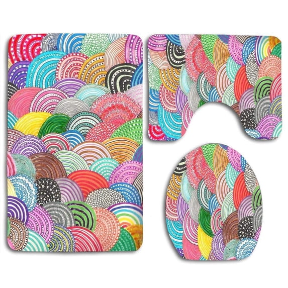 PUDMAD Colorful Scales 3 Piece Bathroom Rugs Set Bath Rug Contour Mat and Toilet Lid Cover