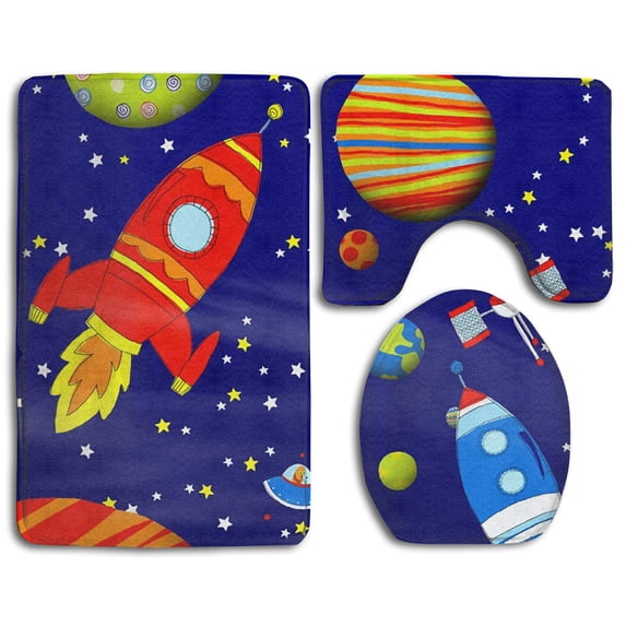 PUDMAD Colorful Space Astronaut 3 Piece Bathroom Rugs Set Bath Rug Contour Mat and Toilet Lid Cover