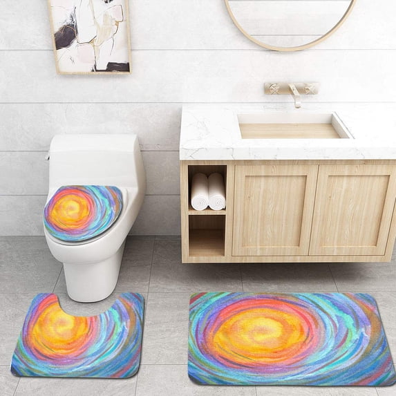 PUDMAD Colorful Spiral Sun Power Watercolor Painting 3 Piece Bathroom Rugs Set Bath Rug Contour Mat and Toilet Lid Cover