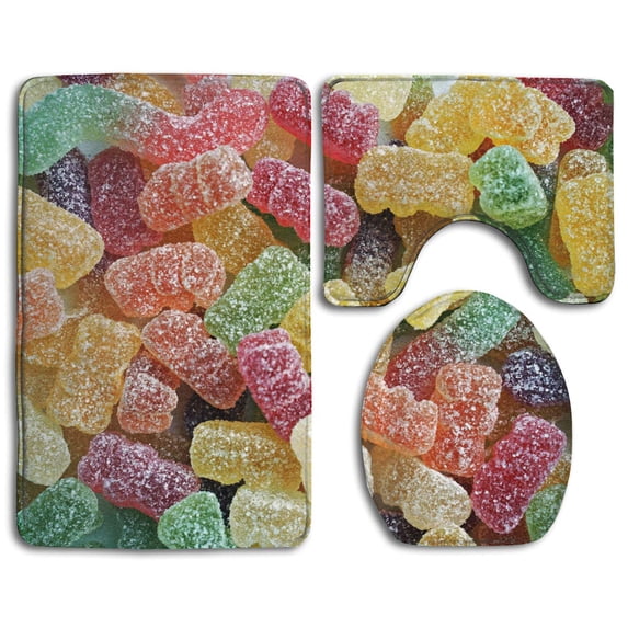 PUDMAD Colorful Sweet Sugar 3 Piece Bathroom Rugs Set Bath Rug Contour Mat and Toilet Lid Cover