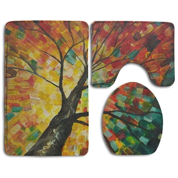 PUDMAD Colorful Trees Painting Set 3 Piece Bathroom Rugs Set Bath Rug Contour Mat and Toilet Lid Cover