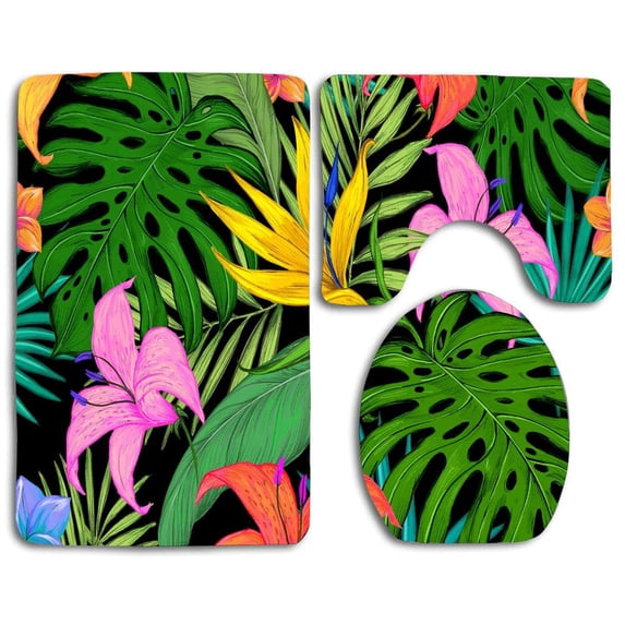 PUDMAD Colorful Tropical Flowers and Leaves 3 Piece Bathroom Rugs Set Bath Rug Contour Mat and Toilet Lid Cover