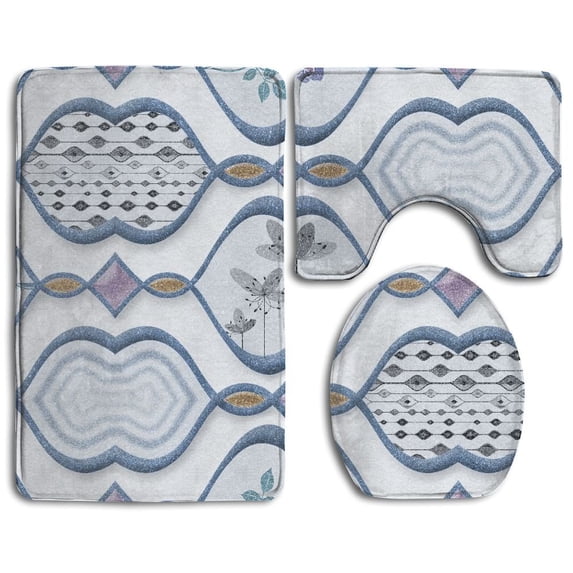 PUDMAD Colorful Vintage Ceramic Tiles Wall Digital Tiles 3 Piece Bathroom Rugs Set Bath Rug Contour Mat and Toilet Lid Cover