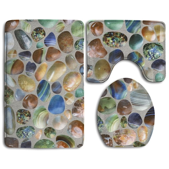 PUDMAD Colorful Vintage Ceramic Tiles Wall Digital Tiles 3 Piece Bathroom Rugs Set Bath Rug Contour Mat and Toilet Lid Cover
