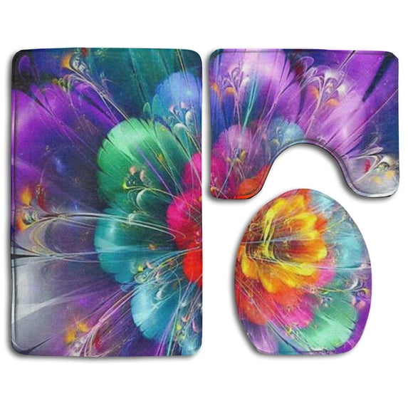 PUDMAD Colorful Watercolor Flower 3 Piece Bathroom Rugs Set Bath Rug Contour Mat and Toilet Lid Cover