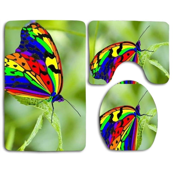 PUDMAD Colors Lovely Leaf Rainbow Butterfly Beauty 3 Piece Bathroom Rugs Set Bath Rug Contour Mat and Toilet Lid Cover