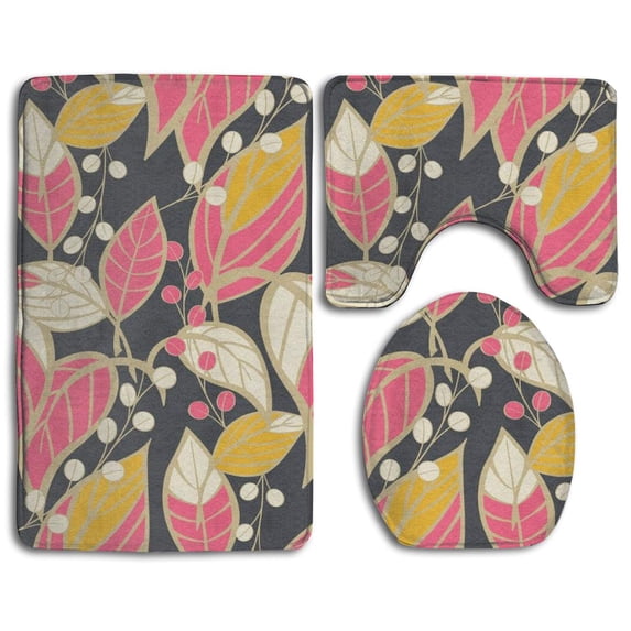 PUDMAD Coloured Leafs 3 Piece Bathroom Rugs Set Bath Rug Contour Mat and Toilet Lid Cover
