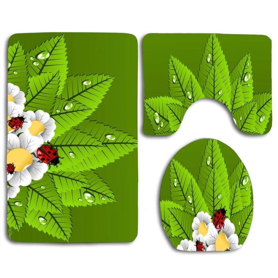 PUDMAD Coming Spring 3 Piece Bathroom Rugs Set Bath Rug Contour Mat and Toilet Lid Cover