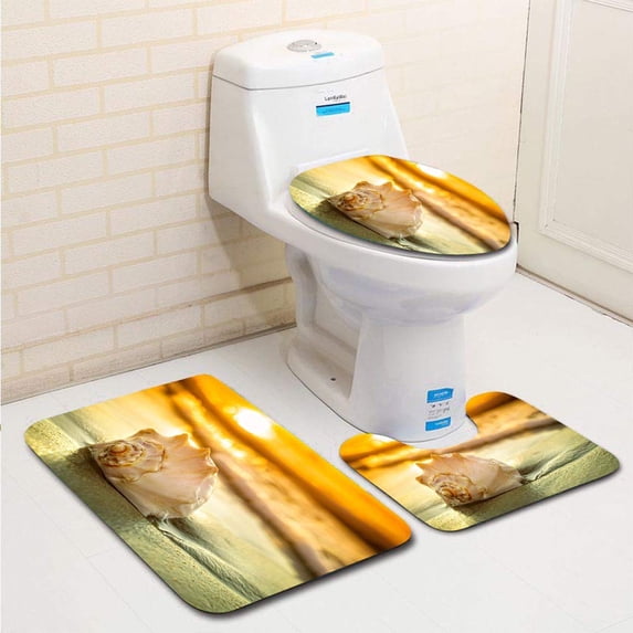 PUDMAD Conch Shell Sunrise Ocean Waves 3 Piece Bathroom Rugs Set Bath Rug Contour Mat and Toilet Lid Cover
