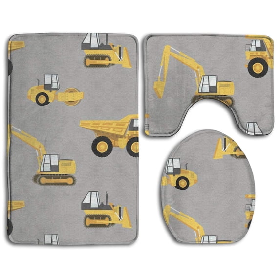 PUDMAD Construction Trucks 3 Piece Bathroom Rugs Set Bath Rug Contour Mat and Toilet Lid Cover