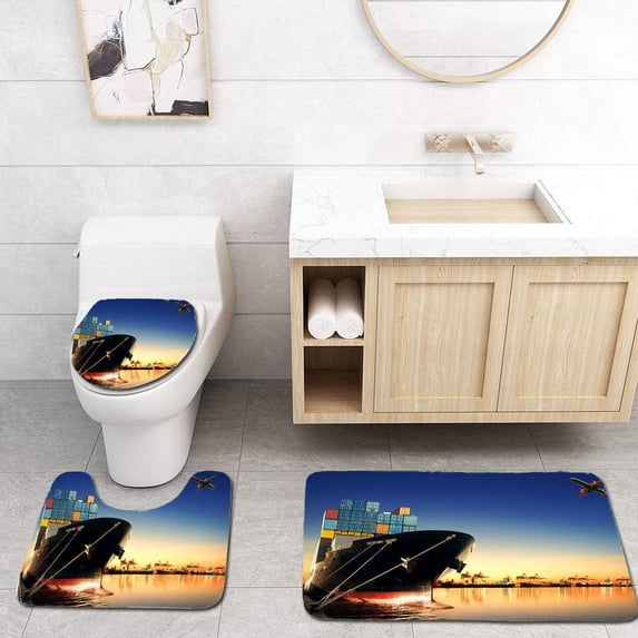 PUDMAD Container Ship at Port and Cargo Plane 3 Piece Bathroom Rugs Set Bath Rug Contour Mat and Toilet Lid Cover