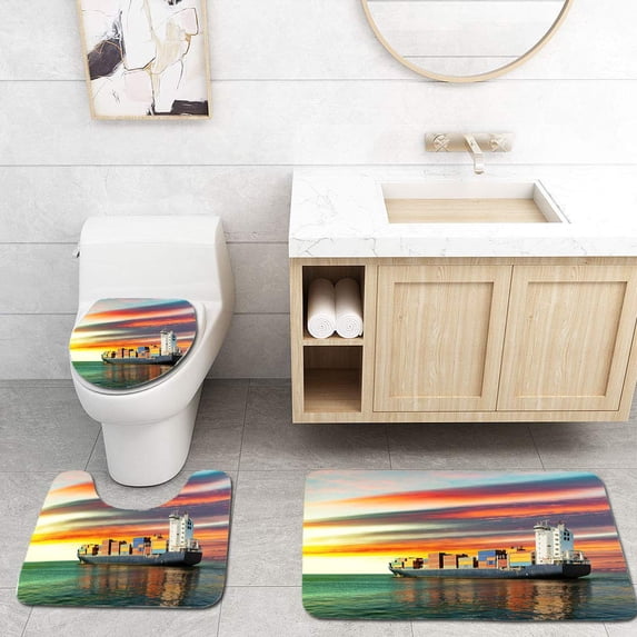 PUDMAD Container Ship on sea 3 Piece Bathroom Rugs Set Bath Rug Contour Mat and Toilet Lid Cover
