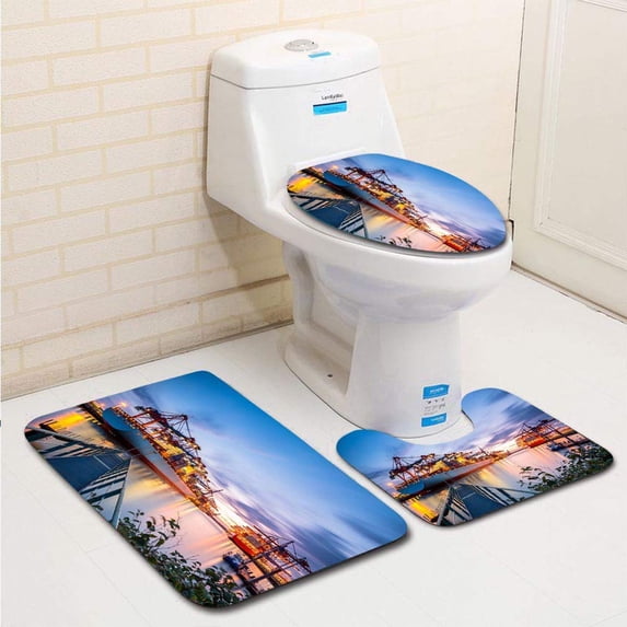 PUDMAD Container Terminal 3 Piece Bathroom Rugs Set Bath Rug Contour Mat and Toilet Lid Cover