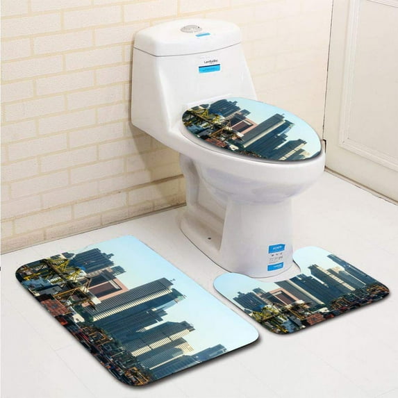 PUDMAD Container Terminal Port Modern high Houses in in Singapore 3 Piece Bathroom Rugs Set Bath Rug Contour Mat and Toilet Lid Cover