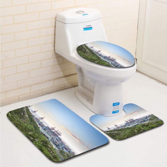 PUDMAD Container Terminal in Sunset Glow 3 Piece Bathroom Rugs Set Bath Rug Contour Mat and Toilet Lid Cover