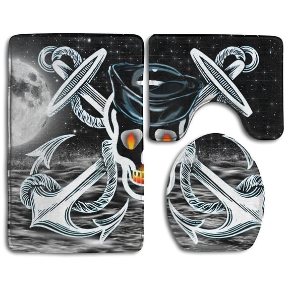 PUDMAD Cool Moon Anchor Pirate Skull 3 Piece Bathroom Rugs Set Bath Rug Contour Mat and Toilet Lid Cover