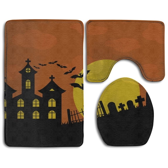 PUDMAD Cool Pumpkin Moonlight Castle 3 Piece Bathroom Rugs Set Bath Rug Contour Mat and Toilet Lid Cover