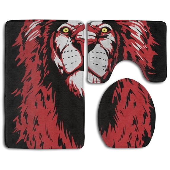 PUDMAD Cool Red Hair Lion 3 Piece Bathroom Rugs Set Bath Rug Contour Mat and Toilet Lid Cover