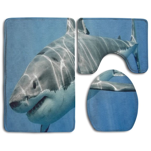 PUDMAD Cool Shark 3 Piece Bathroom Rugs Set Bath Rug Contour Mat and Toilet Lid Cover