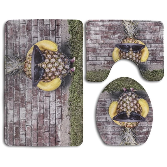 PUDMAD Cool Sunglasses Pineapple 3 Piece Bathroom Rugs Set Bath Rug Contour Mat and Toilet Lid Cover