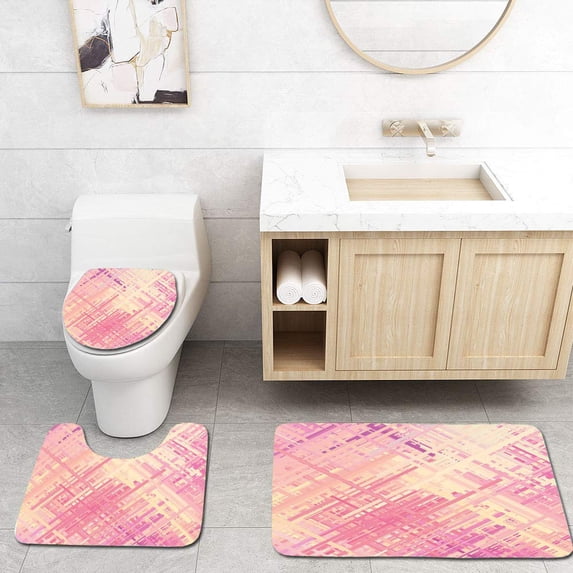 PUDMAD Coral Pastel Glitch Concept Distortion Effect Abstract Random Diagonal Lines Coral 3 Piece Bathroom Rugs Set Bath Rug Contour Mat and Toilet Lid Cover