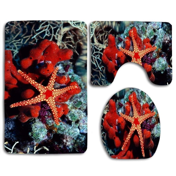 PUDMAD Coral Red Star Fish 3 Piece Bathroom Rugs Set Bath Rug Contour Mat and Toilet Lid Cover