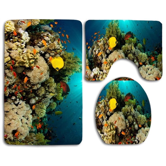PUDMAD Coral Reef 3 Piece Bathroom Rugs Set Bath Rug Contour Mat and Toilet Lid Cover