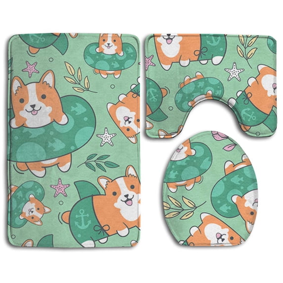 PUDMAD Corgi Beach Party 3 Piece Bathroom Rugs Set Bath Rug Contour Mat and Toilet Lid Cover