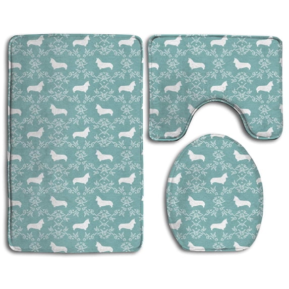 PUDMAD Corgi Breed Silhouette Florals Gulf 3 Piece Bathroom Rugs Set Bath Rug Contour Mat and Toilet Lid Cover