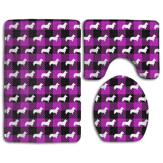 PUDMAD Corgi Buffalo Plaid Violet 3 Piece Bathroom Rugs Set Bath Rug Contour Mat and Toilet Lid Cover