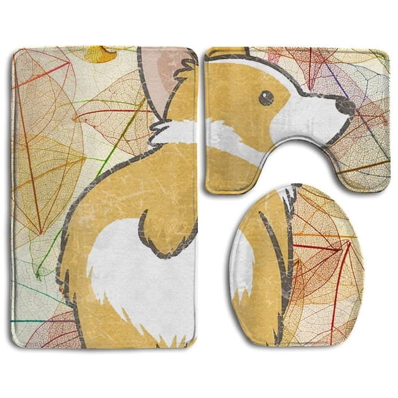 PUDMAD Corgi Butt 3 Piece Bathroom Rugs Set Bath Rug Contour Mat and Toilet Lid Cover