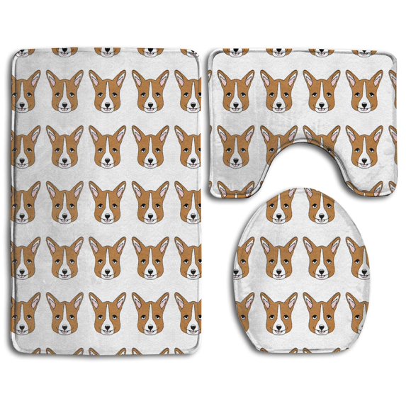 PUDMAD Corgi Cute Face 3 Piece Bathroom Rugs Set Bath Rug Contour Mat and Toilet Lid Cover