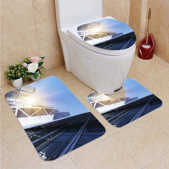 PUDMAD Corporate Buildings Under Sunset in Hong Kong 3 Piece Bathroom Rugs Set Bath Rug Contour Mat and Toilet Lid Cover