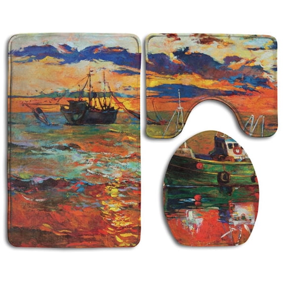 PUDMAD Country Collection Pastel Color Paint Sail Boats Fishing Ships Over Ocean 3 Piece Bathroom Rugs Set Bath Rug Contour Mat and Toilet Lid Cover