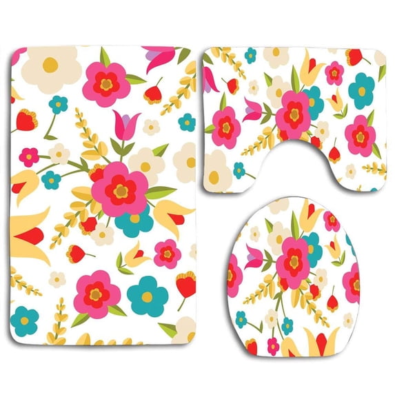 PUDMAD Country Flowers 3 Piece Bathroom Rugs Set Bath Rug Contour Mat and Toilet Lid Cover