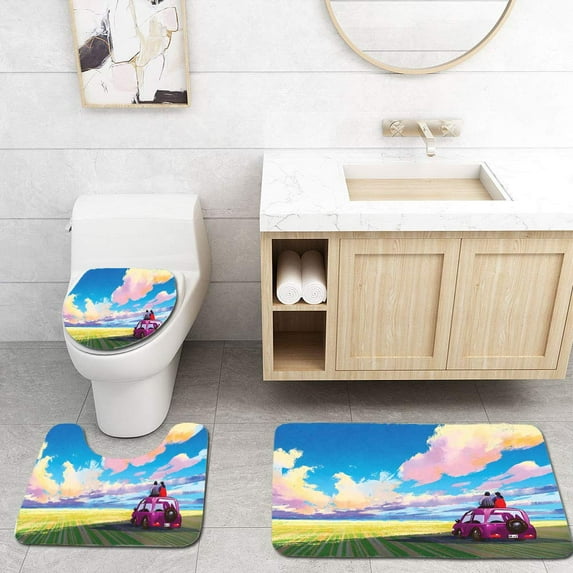PUDMAD Country Graphic Young Couple Sitting on Car in Front Dramatic Landscape Soul 3 Piece Bathroom Rugs Set Bath Rug Contour Mat and Toilet Lid Cover