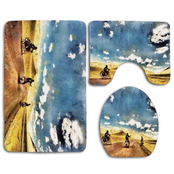 PUDMAD Country Group Friends Band on Motorcycles in Countryside Rural Adventure Travel Up Art Work 3 Piece Bathroom Rugs Set Bath Rug Contour Mat and Toilet Lid Cover