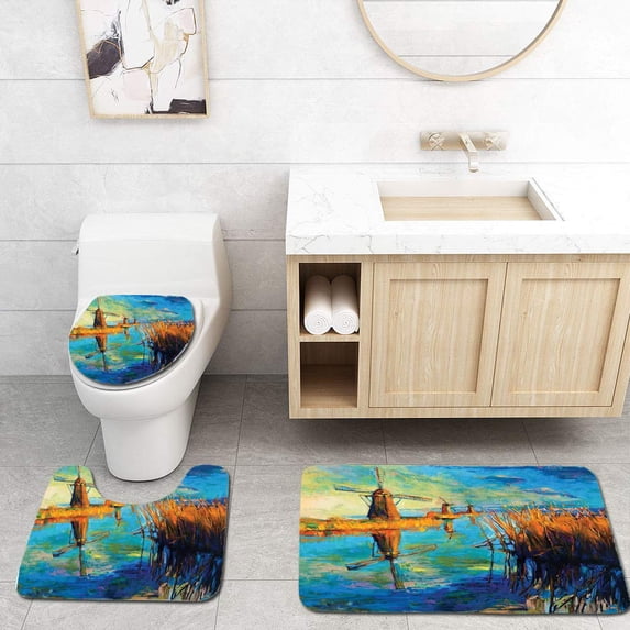 PUDMAD Country Modern Painting Old Windmill Cloudy Sky and Lake at Sunset Nature Art Work 3 Piece Bathroom Rugs Set Bath Rug Contour Mat and Toilet Lid Cover