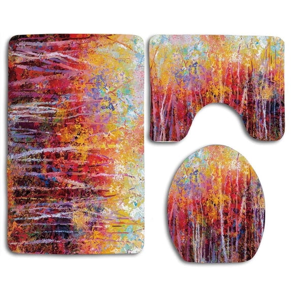 PUDMAD Country Vibrant Nature Painting Trees in Autumn Forest Impressionistic 3 Piece Bathroom Rugs Set Bath Rug Contour Mat and Toilet Lid Cover