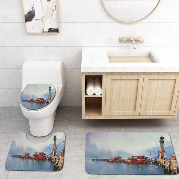 PUDMAD Country View a Misty Morning at Harbor Boats and Birds in Old Fishing Town 3 Piece Bathroom Rugs Set Bath Rug Contour Mat and Toilet Lid Cover