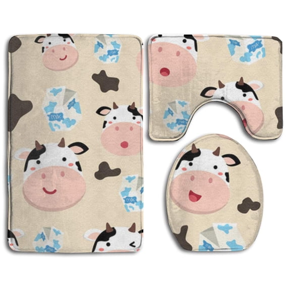 PUDMAD Cow Milk 3 Piece Bathroom Rugs Set Bath Rug Contour Mat and Toilet Lid Cover