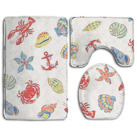 PUDMAD Crab 3 Piece Bathroom Rugs Set Bath Rug Contour Mat and Toilet Lid Cover
