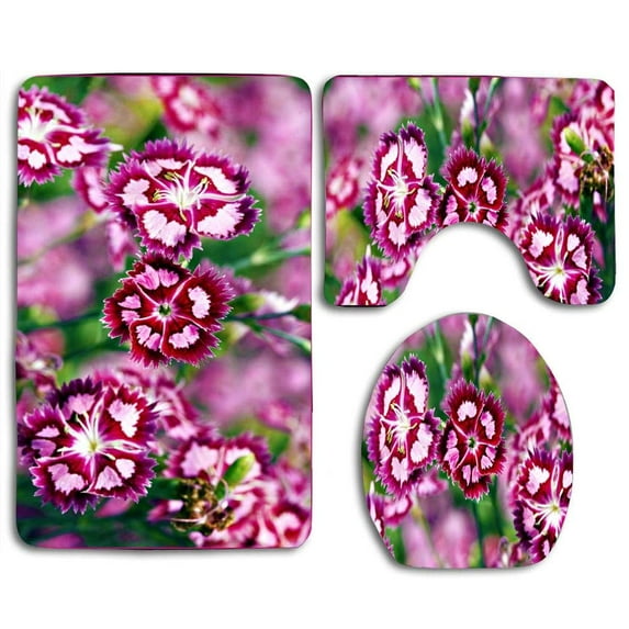 PUDMAD Cranberry Ice Dianthus 3 Piece Bathroom Rugs Set Bath Rug Contour Mat and Toilet Lid Cover