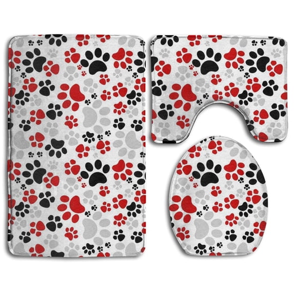 PUDMAD Crazy Colorful Dog Paws 3 Piece Bathroom Rugs Set Bath Rug Contour Mat and Toilet Lid Cover